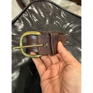 Vintage Handmade USA Brown Leather Belt Solid Brass Buckle Wide Stitched 36